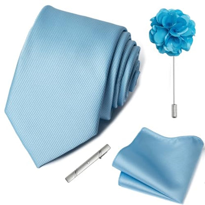 joy alice 30 Colors Solid Ties for Man Pure Color Men's Tie Set with Lapel Pin Pocket Square Tie Clip - color: Baby Blue