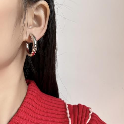 A Season Women Twisted Gold/Silver Round Clip On Hoop Earrings for Non Pierced Ears Hoops Earrings, Small/Medium/Large (Silver Solid Round)