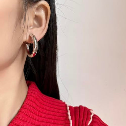 A Season Women Twisted Gold/Silver Round Clip On Hoop Earrings for Non Pierced Ears Hoops Earrings, Small/Medium/Large (Silver Solid Round)