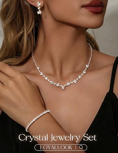 Crystal Silver Necklace and Earrings with Crystal Bracelet for Women | Teardrop Dangle Earrings Rhinestone Necklace Bracelet for Bride Bridesmaid Crystal Bridal Wedding Party Jewelry Sets - style: flower neckalce+elastic bracelet