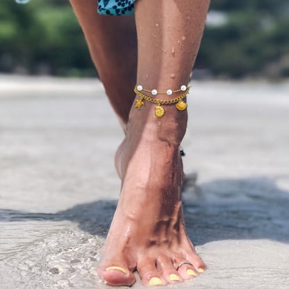 Gold Anklets for Women, Double Layered Chain with Sea Turtle, Seashell, Conch & Pearl Charms, 18K Plated Beach Adjustable Anklets, Summer Ocean Jewelry for Women