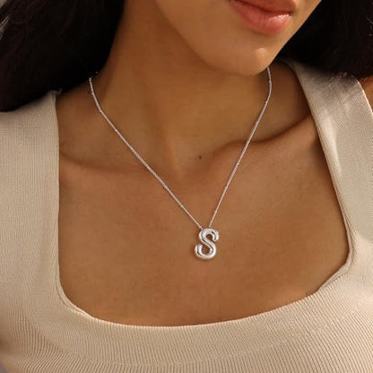 Ewrkbrㅤ Initial Necklaces for Women, 14k Gold Plated Bubble Letter Necklace Chunky Gold Necklace Dainty Charm Initial Necklaces for Women Trendy Custom Preppy Stocking Stuff Necklace Christmas Gifts - color: Silver, style: N