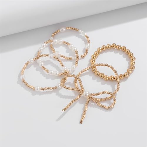 COLORFUL BLING Bow Bowknot Faux Pearl Beaded Ball Stretch Bracelet for Women Friend Jewelry Gift Adjustable Stackable Bracelet - color: A bow gold