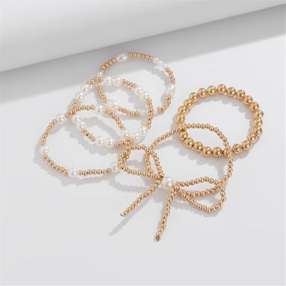 COLORFUL BLING Bow Bowknot Faux Pearl Beaded Ball Stretch Bracelet for Women Friend Jewelry Gift Adjustable Stackable Bracelet - color: A bow gold