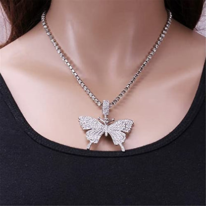 2Pcs Layered Hip Hop Shiny Rhinestone Bead Chunky Chain Butterfly Pendant Necklace Punk Crystal Cuban Link Chain Choker Collar Necklace for Women Party Birthday BarJewelry Gift - color: D silver choker
