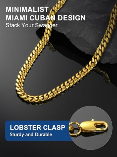 ChainsPro Stainless Steel Mens Cuban Link Chains, Hip Hop Miami Necklace | Daily Wear Jewelry with Gift Box, Silver/Gold Plated/Black, Sweatproof & Waterproof, Hypoallergenic Men Chains, No Tarnish - color: Gold