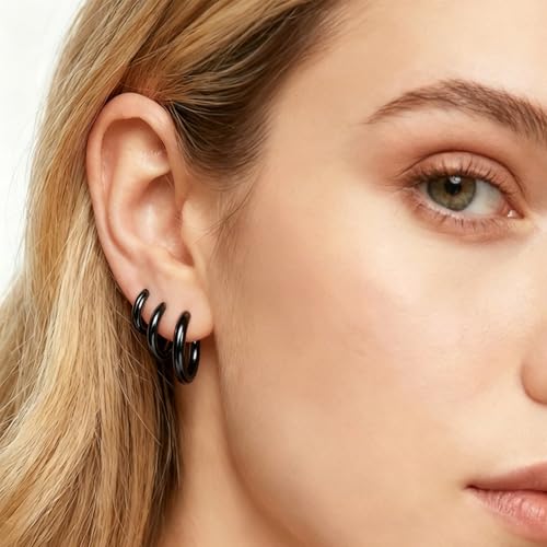 4 Pairs Small Gold Silver Huggie Hoop Earrings for Women Surgical Steel Set | 14K Gold Plated 316L Stainless Steel, 6/8/10/12 mm, Hypoallergenic, Lightweight, Mini Jewelry - color: Black/4 Pairs