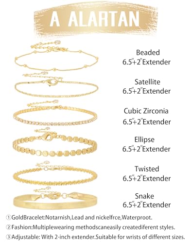 Gold Bracelets for Women 14K Gold Plated Stack Trend Bracelets Charm Paperclip Chain Cuban Link Layered Waterproof Bracelet Dainty Bracelet for Women Jewelry Gifts - color: Gold 6Pcs
