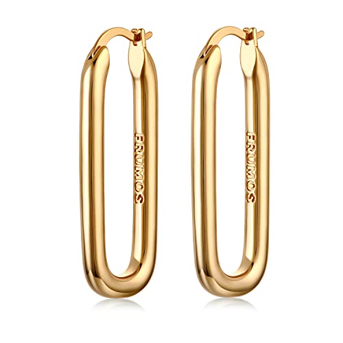 FRUMOS 18K Gold Plated Chunky Hoop Earrings for Women Fashion Thick Gold Hoops Set Jewelry for Birthday Christmas Gifts - color: Gold Thick Oval Hoop