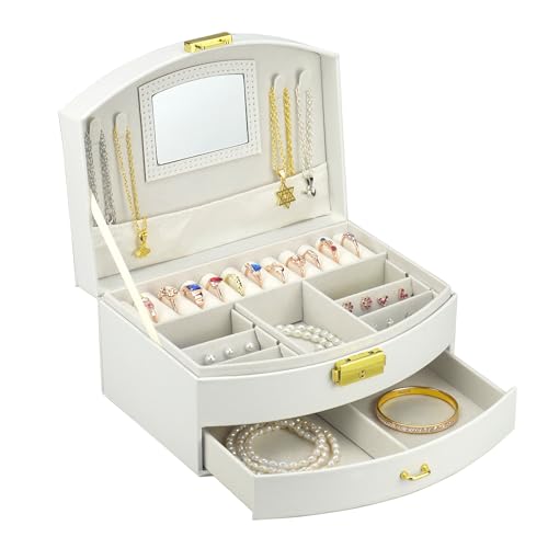 Jewelry Box for Women, Jewelry Organizers Box with Mirror & Lock | White Leather 2 Layer Jewelry Organizers and Storage Box, Small Jewelry Organizer for Necklace Earrings Rings - color: White