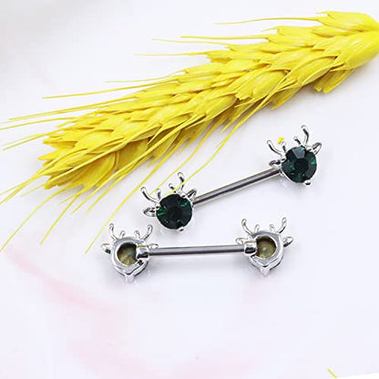 2PCS 14G 316L Stainless Steel Opal Nipple Rings Deer Head Nipple Barbell Nipple Piercings Jewelry for Women - color: Green