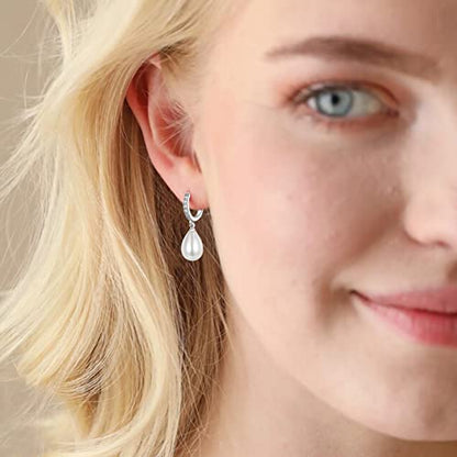 CERSLIMO Pearl Drop Earrings for Women | S925 Sterling Silver Post Simulated Shell Pearl Hoop Dangle Earrings, Hypoallergenic Cubic Zirconia Huggies Earrings Bridesmaid Jewelry - style: 02 Silver-Teardrop