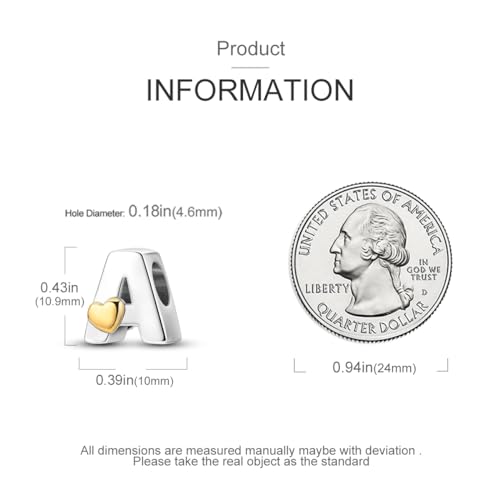 925 Sterling Silver Letter Charms A-Z for Bracelet Necklace Alphabet Bead | Heart letter A B C D G J charm initial gold Pendant beads Jewelry Gift for Women - color: Letter A