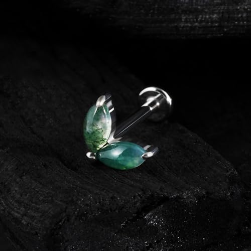 1PC ASTM F136 Titanium Piercing Jewelry for Tragus Conch Helix Flat Labret 18G 6mm 8mm, Cartilage Earring Flatback Stud - color: Moss Agate Grass - Tit