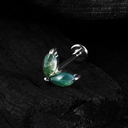 1PC ASTM F136 Titanium Piercing Jewelry for Tragus Conch Helix Flat Labret 18G 6mm 8mm, Cartilage Earring Flatback Stud - color: Moss Agate Grass - Tit
