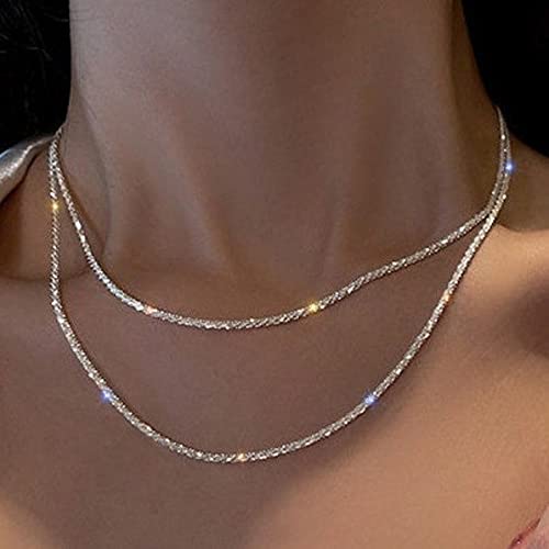Herringbone Choker Necklace Set Double Layer Snake Chain Herringbone Chain Necklace Layering Necklace Set Cuban Chain Necklace for Women - style: 2Layered Shiny Rope Chain-SL