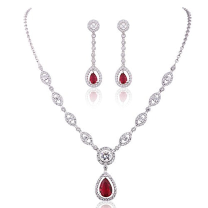 GULICX AAA Cubic Zirconia CZ Silver Plated Base Women's Party Jewelry Set Earrings Pendant Necklace - color: Red