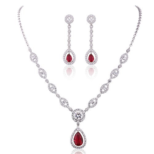GULICX AAA Cubic Zirconia CZ Silver Plated Base Women's Party Jewelry Set Earrings Pendant Necklace - color: Red