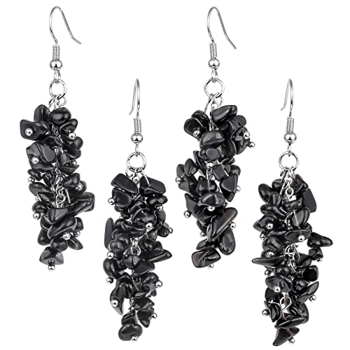 Nupuyai Natural Tumbled Stones Earrings for Women, Reiki Healing Crystal Long Dangle Hook Eardrop - color: #8-Black