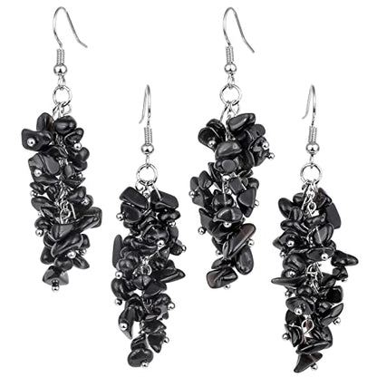 Nupuyai Natural Tumbled Stones Earrings for Women, Reiki Healing Crystal Long Dangle Hook Eardrop - color: #8-Black