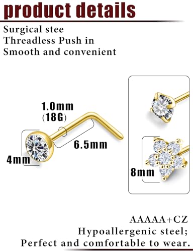 Prjndjw 20G Big Nose Stud Large Nose Studs Surgical Stainless Steel Straight Nose Studs 4mm CZ Paved CZ Nose Rings with 6-CZ Flower Ring for Women Men 11 Pieces - color: 4mm CZ Big 18G Gold-plated L-shaped Nose Stud