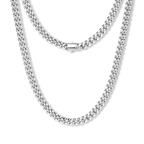 Gold Cuban Link Chain for Men Mens Stainless Steel Miami Curb Chains Necklace 5/8/10/12/14mm Thick Real Gold/Silver/Black Plated Diamond Cut Non-Tarnish Jewelry Trendy Gifts 16-30 Inch with Gift Box - color: 5mm Width - Stainless Steel, size: 18 in (46 cm