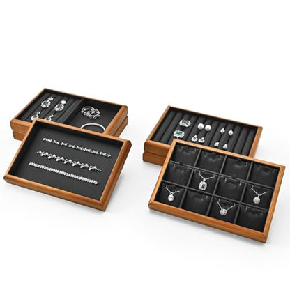 Solid Wood 2-in-1 Stackable Jewelry Display Tray | Solid wood frame & scratch-proof PU lining, 2-in-1 stackable tray for home vanity & retail jewelry display - color: Black, size: Ring/Flat Tray