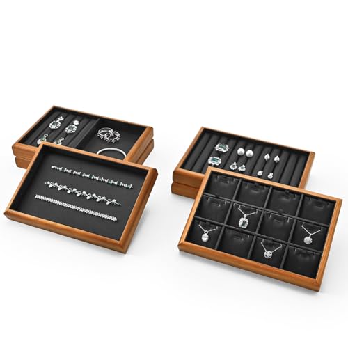 Solid Wood Stackable Flat Jewelry Display Tray | Solid wood frame & soft scratch-proof PU lining, stackable flat tray for home drawer & retail jewelry display - color: Black, size: Flat Tray
