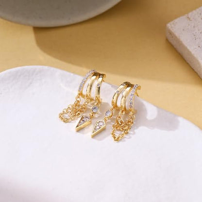 Gold Dangle Earrings for Women, 14k Gold Plated Stacked Triple Hoop Illusion Earrings Cubic Zirconia Huggie Earrings for Women Trendy - color: Gold Chain Earrings