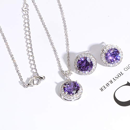 Bridal Crystal Jewelry Set - Sterling Silver Round Cubic Zirconia CZ Rhinestone Halo Birthstone Pendant Necklace Stud Earrings Set for Wedding Bride Bridesmaids Birthday Gift - color: Amethyst Violet