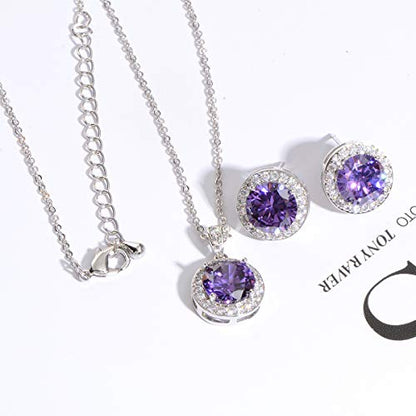 Bridal Crystal Jewelry Set - Sterling Silver Round Cubic Zirconia CZ Rhinestone Halo Birthstone Pendant Necklace Stud Earrings Set for Wedding Bride Bridesmaids Birthday Gift - color: Amethyst Violet