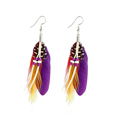 Boho Colorful Feather Dangle Earrings Handmade Beads Taseel Fashion Earrings for Women - color: Purple