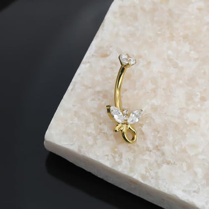 XUU Titanium Belly Button Rings 14G, Implant-Grade Navel Piercing, Luxury CZ Shape with Flower Butterfly, Hypoallergenic Curved Barbell Jewelry for Women, Gold or Silver - style: Butterfly Tail-Gold