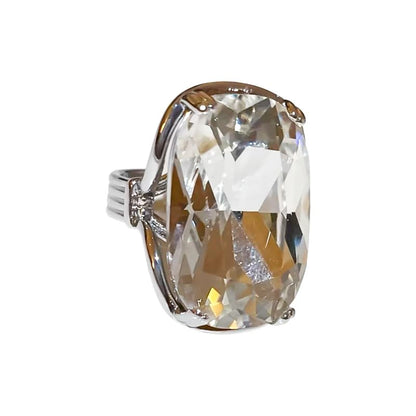 Statement Geometric Large Clear Rhinestone Open Ring for Women Silver Big Thick Chunky Exaggerated Rectangle Crystal Stone Finger Knuckle Band Rings Wedding Brides Cocktail Prom Party Jewelry Gift