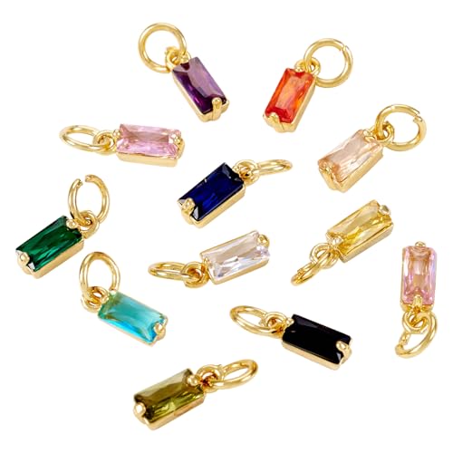 Pandahall 12Pcs 18K Gold Plated Rectangle Charms Cubic Zirconia Birthstone Charms Brass Crystal CZ Stone Pendants with Jump Ring for Jewelry Making Necklace Bracelet Earring