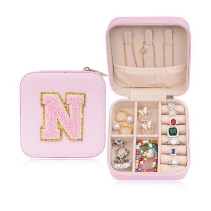 ETHOON Jewelry Travel Case Small Organizer Stocking Box Personalized Gifts Teenage Jewelry Accessories Holiday Wedding Christmas Gift for Women Pink, Letter N - color: Pink N