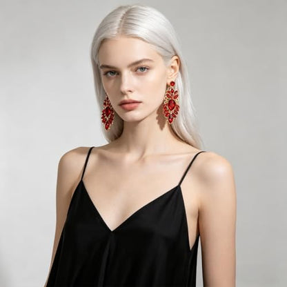 Rhinestone Drop Earrings for Women Chunky Gold Crystal Teardrop Earrings Statement Wedding Party Prom Bridal Jewelry - color: Red