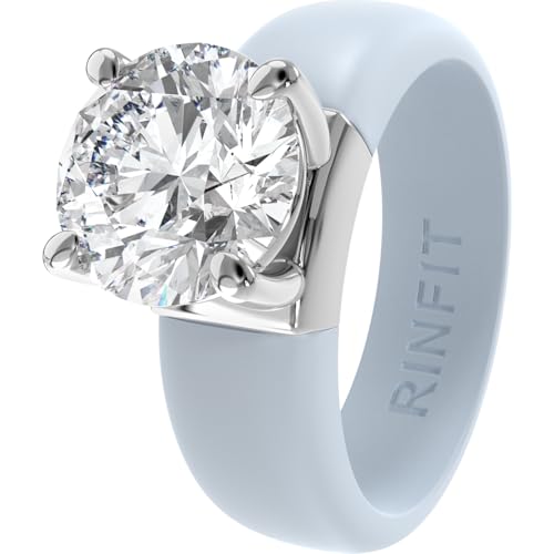 Rinfit Silicone Ring with Stone, Round Cut CZ | AAAAA Grade Cubic Zirconia, Solitaire Engagement Ring for Her, Flexible Rubber Wedding Band for Women, Patented Design - color: Pack G: Soft Blue / Silver