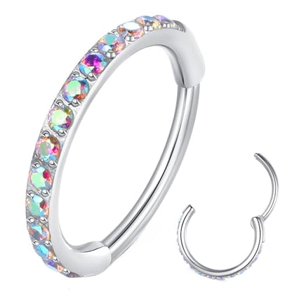 ORANGELOVE 20G 18G 16G Clear CZ Nose Ring Hoop 316L Surgical Steel Seamless Silver Septum Ring Clicker Jewelry Cartilage Earring Ear Piercing Hoop Earrings for Women Men Helix Rook Lobe Conch Tragus Daith Lip Hinged Piercing Jewelry with Cubic Zirconia -