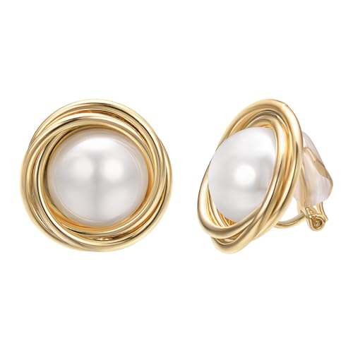 Yoursfs Faux Pearl Clip On Earrings For Women 18K Gold Plated Button Ear Clips - style: Large Pearl Gold Clip On Earrings