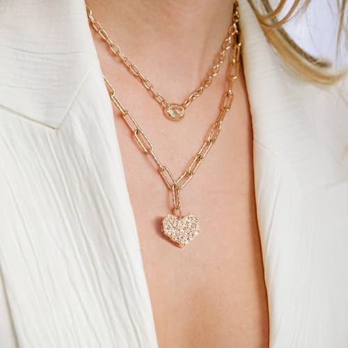 18k Gold Plated Chain Link Necklace for Women, Baroque Pearl/Compass Pendant Necklace - color: Pave Heart