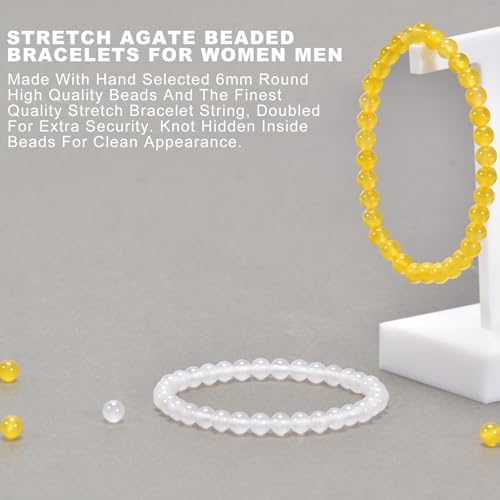 2PCS Agate Bracelet for Women Men Natural Round Beaded Agates Stone Healing Stretch Bracelets Elastic Handmade Polished Gemstone Beads Bracelet - color: White+Yellow, size: 6mm Beads