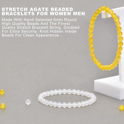 2PCS Agate Bracelet for Women Men Natural Round Beaded Agates Stone Healing Stretch Bracelets Elastic Handmade Polished Gemstone Beads Bracelet - color: White+Yellow, size: 6mm Beads