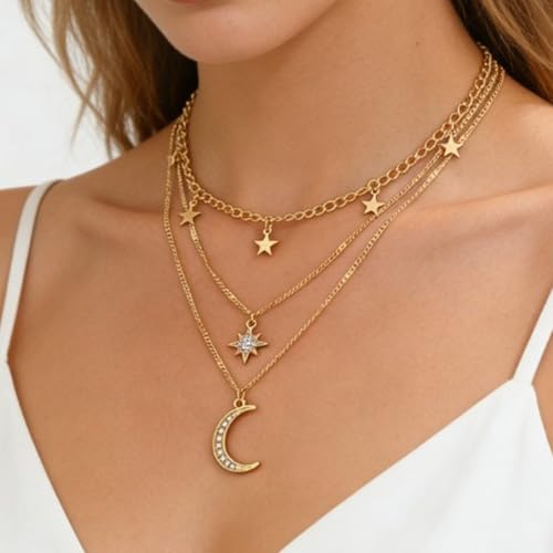 Layered Gold Necklaces for Women， 14K Gold Plated Stackable Star Moon Pendant Necklace for Women - color: gold