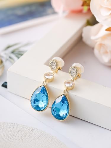Clip On 18 * 13MM Big Crystal Dangle Non Pierced Earrings for Women 14K Gold Plated Jewelry - color: May-Emerald-Rose Gold Plated
