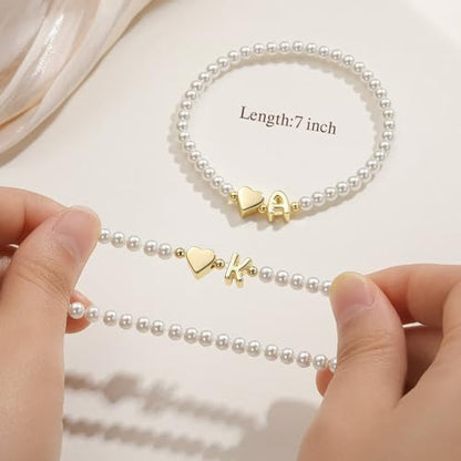 M MOOHAM Pearl Initial Bracelets for Teen Girls, Heart Letter A-Z Bracelets | 14K Gold Plated Heart Letter Bracelet, Dainty Stretch Pearl Initial Bracelet, 6-14 Year Old Girl Birthday Gifts for Teen Girl - color: B