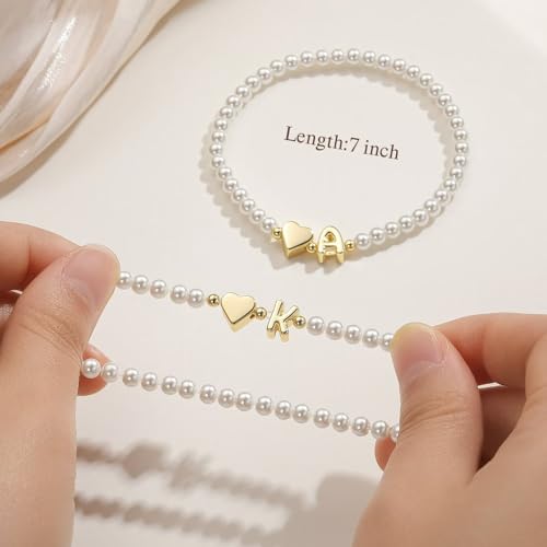 M MOOHAM Pearl Initial Bracelets for Teen Girls, Heart Letter A-Z Bracelets | 14K Gold Plated Heart Letter Bracelet, Dainty Stretch Pearl Initial Bracelet, 6-14 Year Old Girl Birthday Gifts for Teen Girl - color: A.
