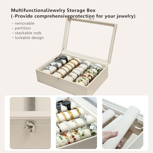Bracelet Holder Rods Bangles Box Organizer Display | Glass Lid Jewelry Boxes for Women with 4 Velvet Rods