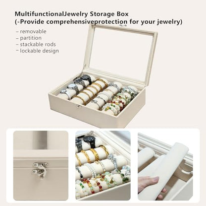 Bracelet Holder Rods Bangles Box Organizer Display | Glass Lid Jewelry Boxes for Women with 4 Velvet Rods
