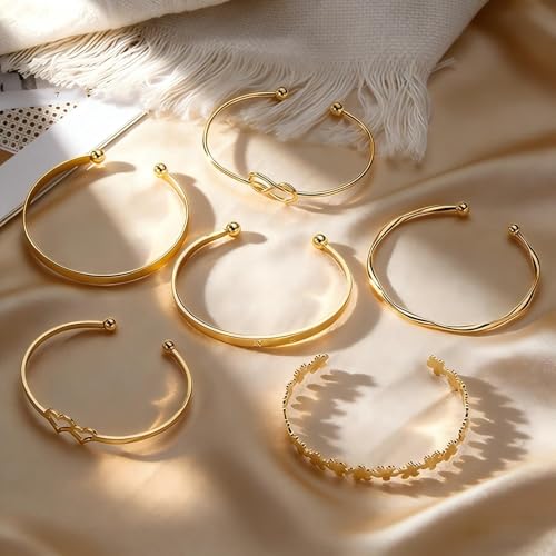 Gold Bangle Bracelet, 6 Pcs Layer Stackable Cuff Bracelet Set, 14K Gold Plated Dainty Layered Chain for Women (Gold)